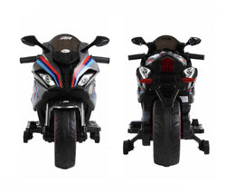 Black battery operated ride-on motorcycle for kids with RR Ultra branding. www.usmile.toys