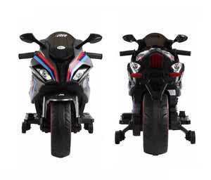 Black battery operated ride-on motorcycle for kids with RR Ultra branding. www.usmile.toys