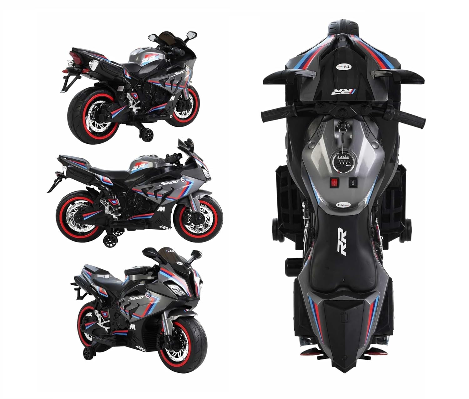 Black battery operated ride-on motorcycle for kids with RR Ultra branding. www.usmile.toys