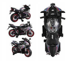 Black battery operated ride-on motorcycle for kids with RR Ultra branding. www.usmile.toys