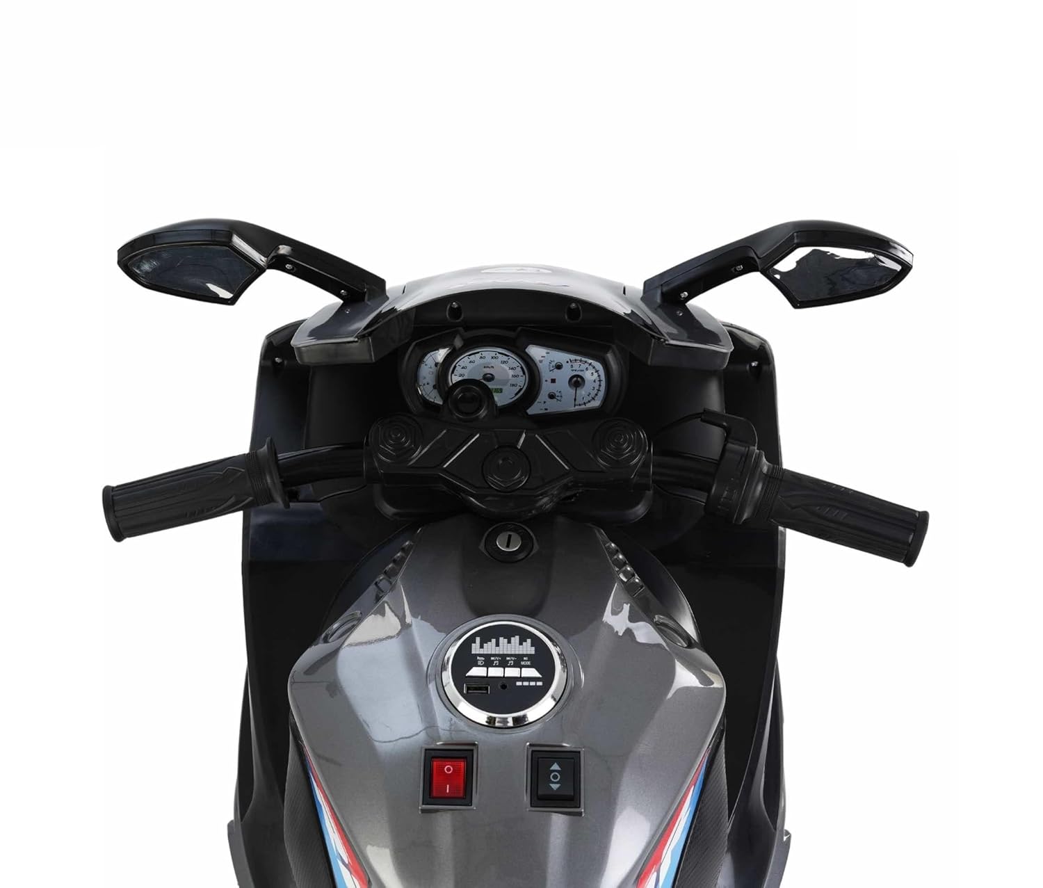Kids' black electric ride-on motorbike with red and blue racing stripes, training wheels, and detailed engine.
www.usmile.toys
