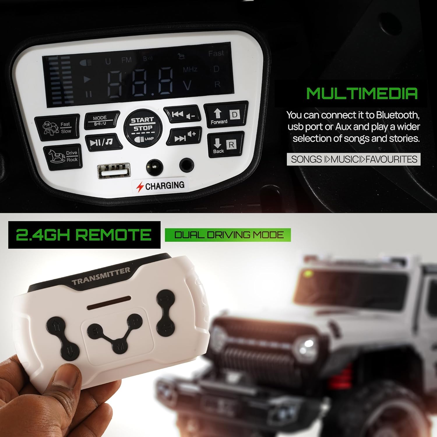 Grey and black battery operated kids jeep ride-on car with orange accents, features working headlights, overhead lights, and underbody glow, on rocky terrain." www.usmile.toys