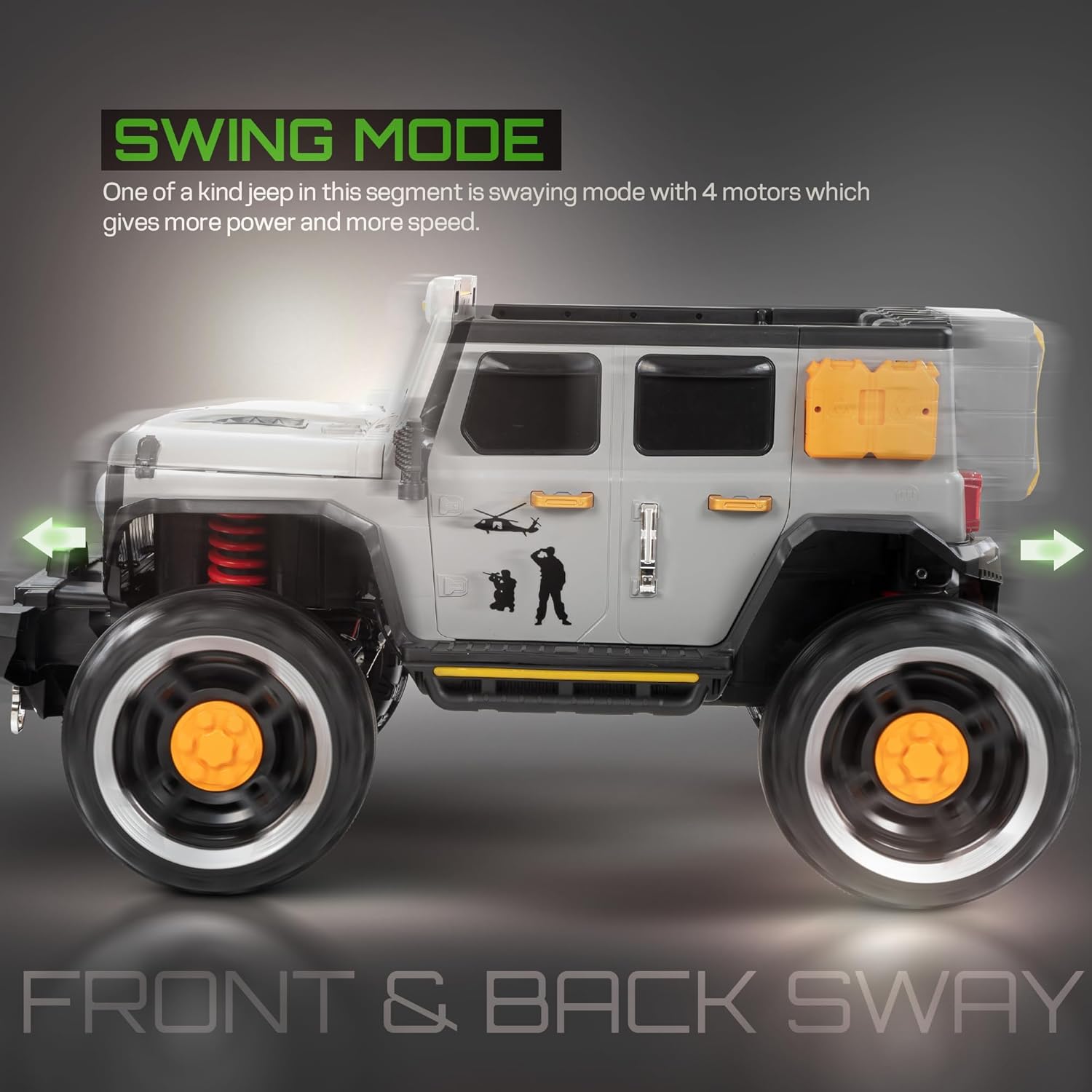 Powerful looking baby big battery car, a detailed grey and black ride-on jeep with bright front and roof lights, orange side indicators, and a robust build, providing an exciting driving experience for kids." www.usmile.toys