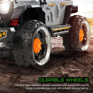 Powerful looking baby big battery car, a detailed grey and black ride-on jeep with bright front and roof lights, orange side indicators, and a robust build, providing an exciting driving experience for kids." www.usmile.toys