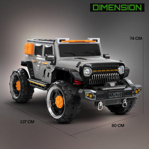 Powerful looking baby big battery car, a detailed grey and black ride-on jeep with bright front and roof lights, orange side indicators, and a robust build, providing an exciting driving experience for kids." www.usmile.toys