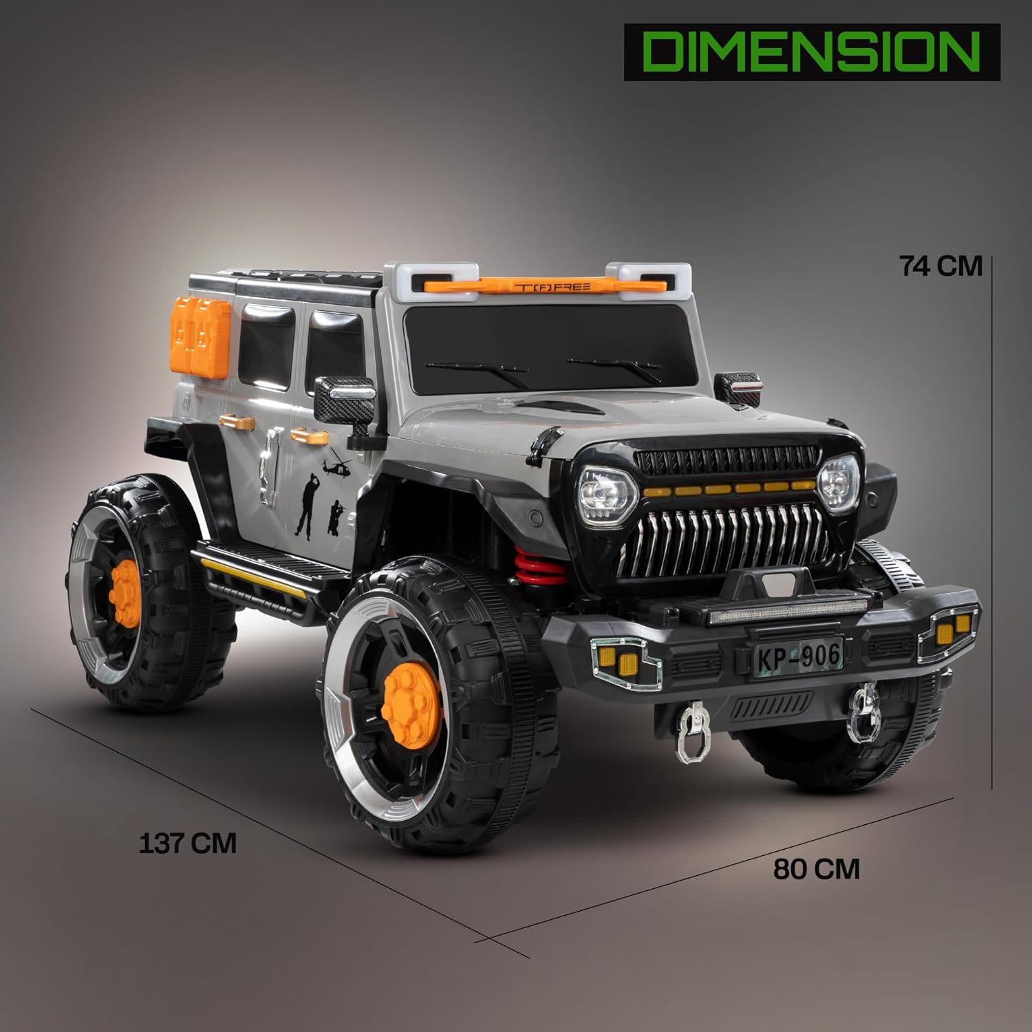 Powerful looking baby big battery car, a detailed grey and black ride-on jeep with bright front and roof lights, orange side indicators, and a robust build, providing an exciting driving experience for kids." www.usmile.toys