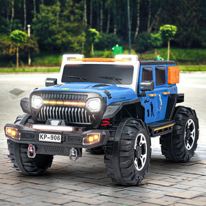 Powerful looking baby big battery car, a detailed grey and black ride-on jeep with bright front and roof lights, orange side indicators, and a robust build, providing an exciting driving experience for kids." www.usmile.toys