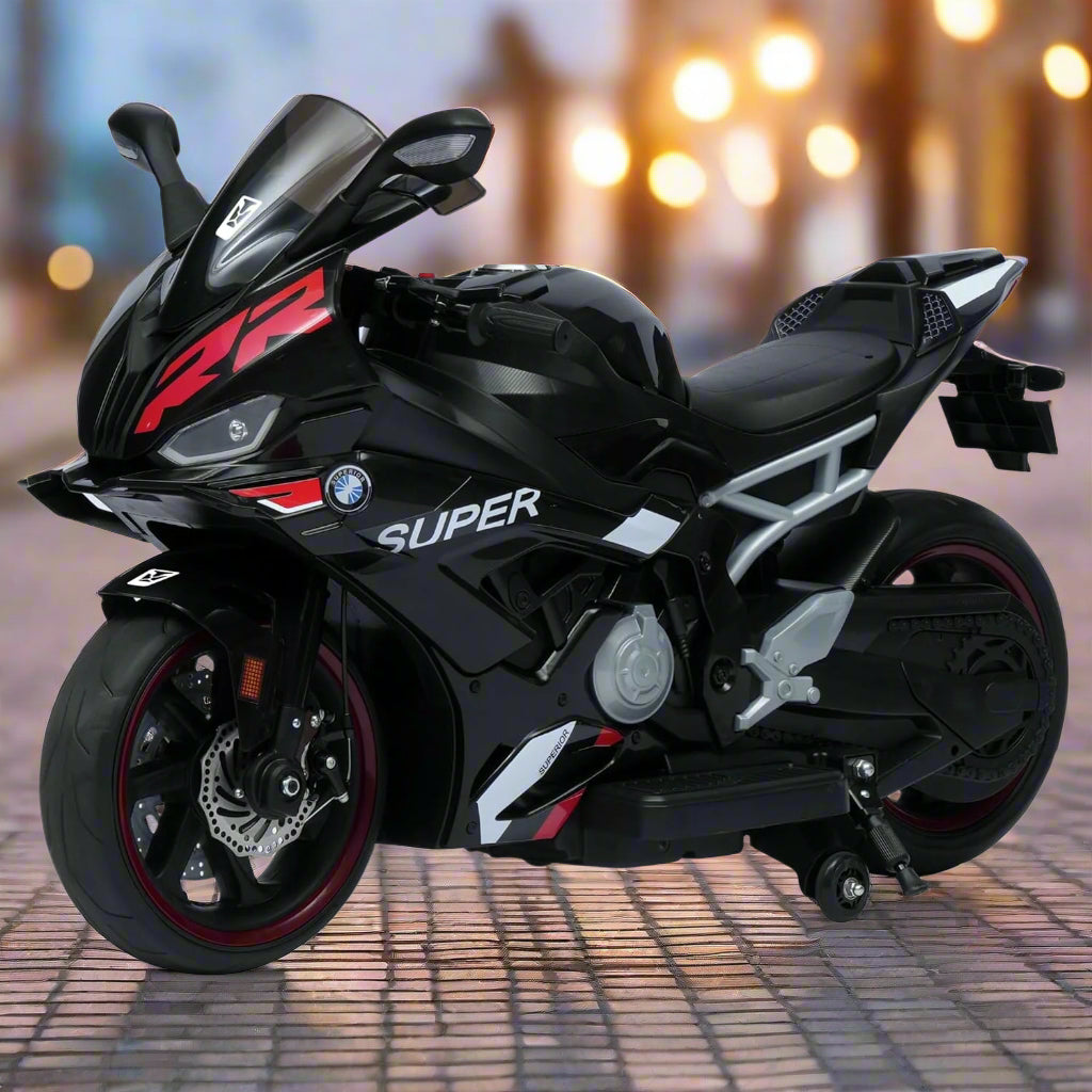 Kids' large black electric ride-on sport motorcycle with 12V 8Ah battery, dual 45W motors, and red training wheels. www