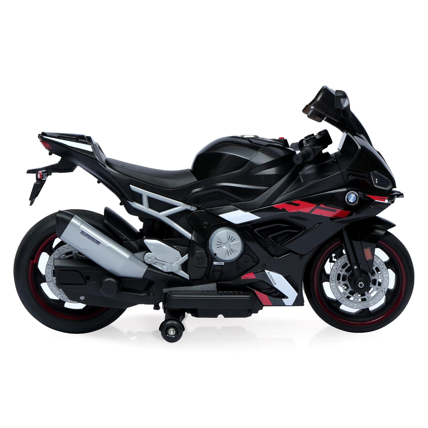 Kids' large black electric ride-on sport motorcycle with 12V 8Ah battery, dual 45W motors, and red training wheels. www.usmile.toys