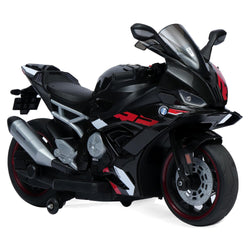 Kids' large black electric ride-on sport motorcycle with 12V 8Ah battery, dual 45W motors, and red training wheels. www.usmile.toys 
