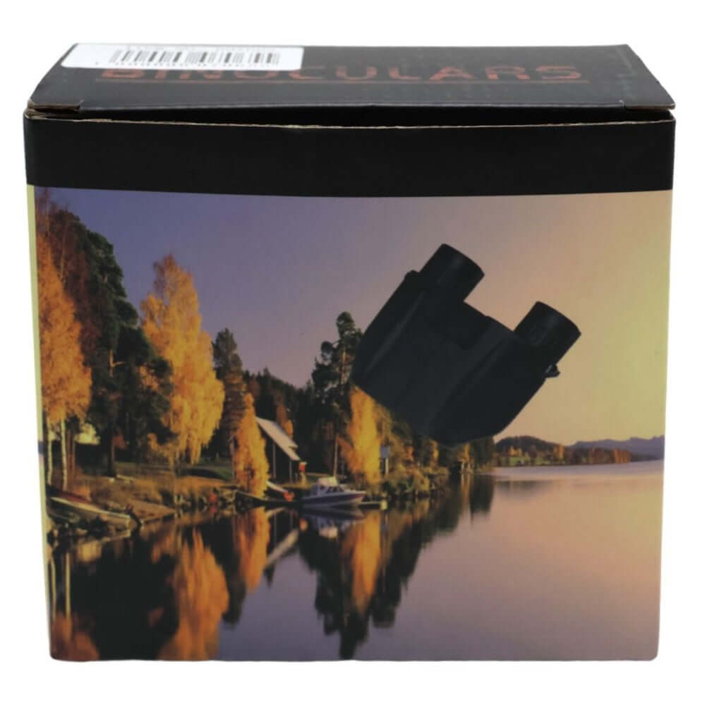 Box with binoculars on a scenic lake cover