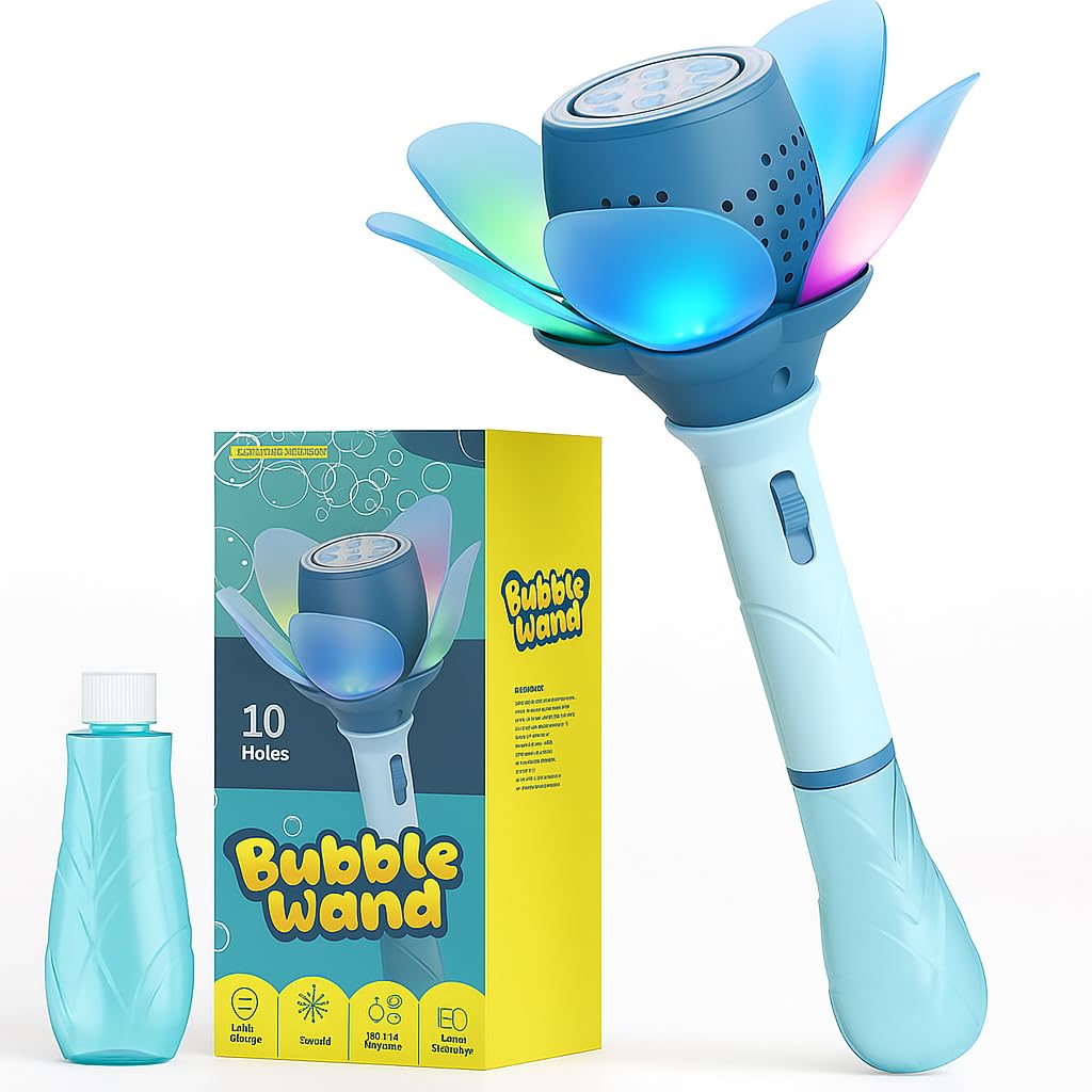 Blue bubble wand with colorful light effects and packaging . www.usmile.toys