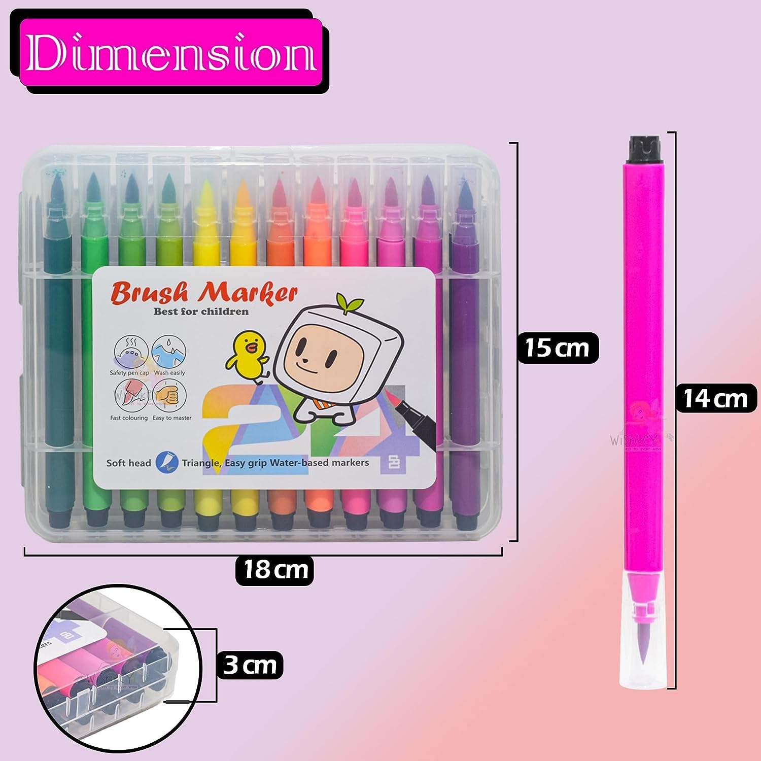 Colorful 24-piece water-based brush marker set for children's art projects, with soft heads and easy grip. www.usmile.toys