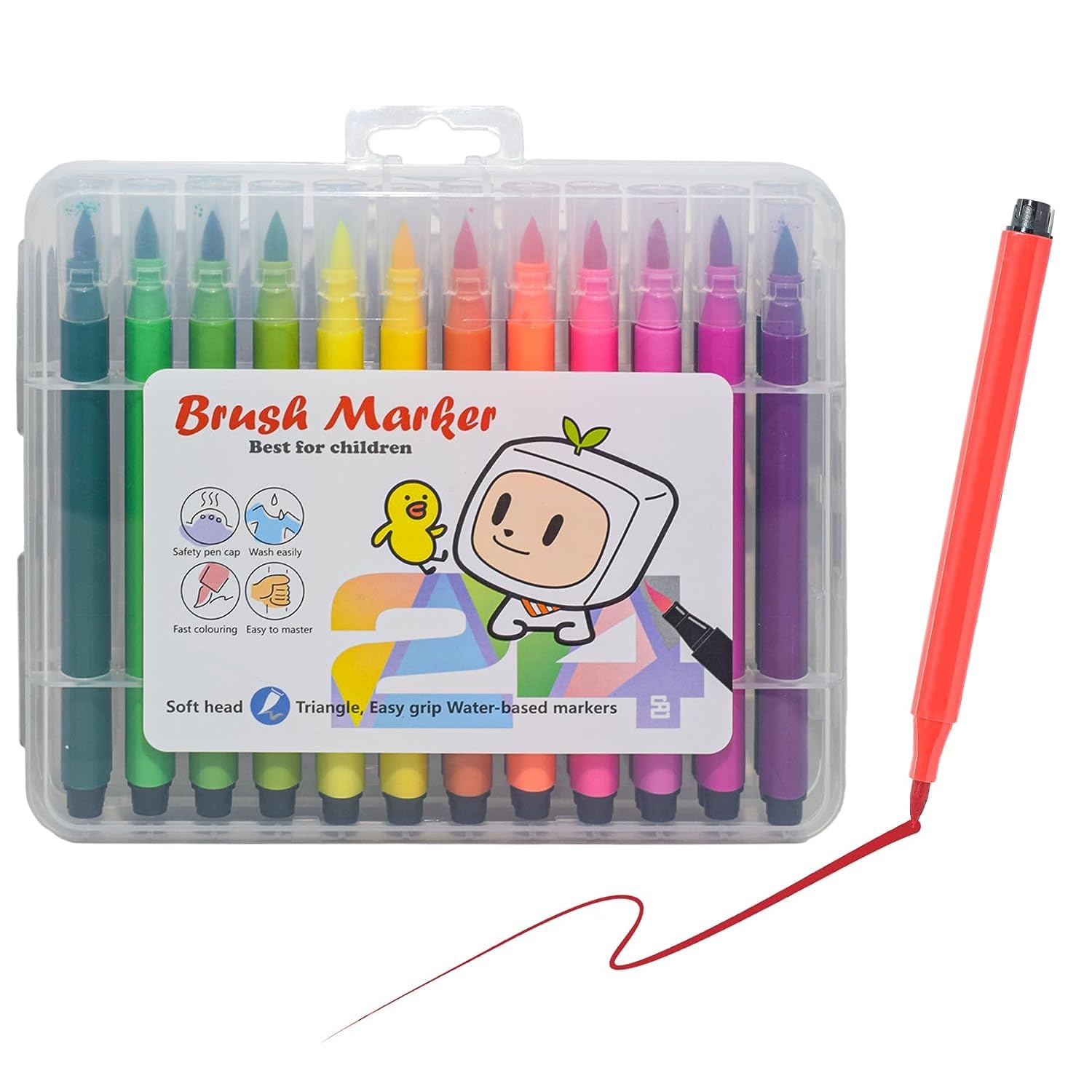 Colorful 24-piece water-based brush marker set for children's art projects, with soft heads and easy grip. www.usmile.toys