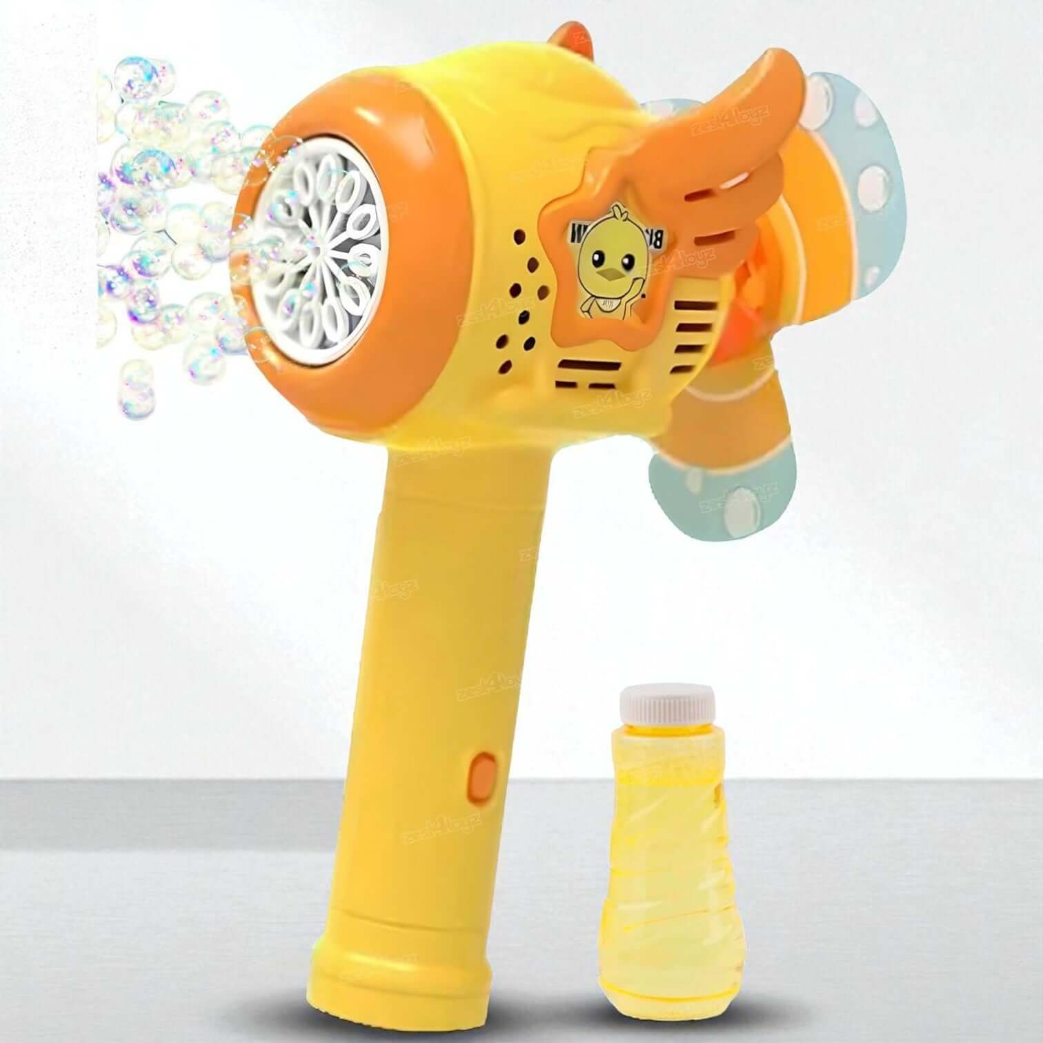 Yellow and orange bubble gun with a small bottle of bubbles on a white background www.usmile.toys