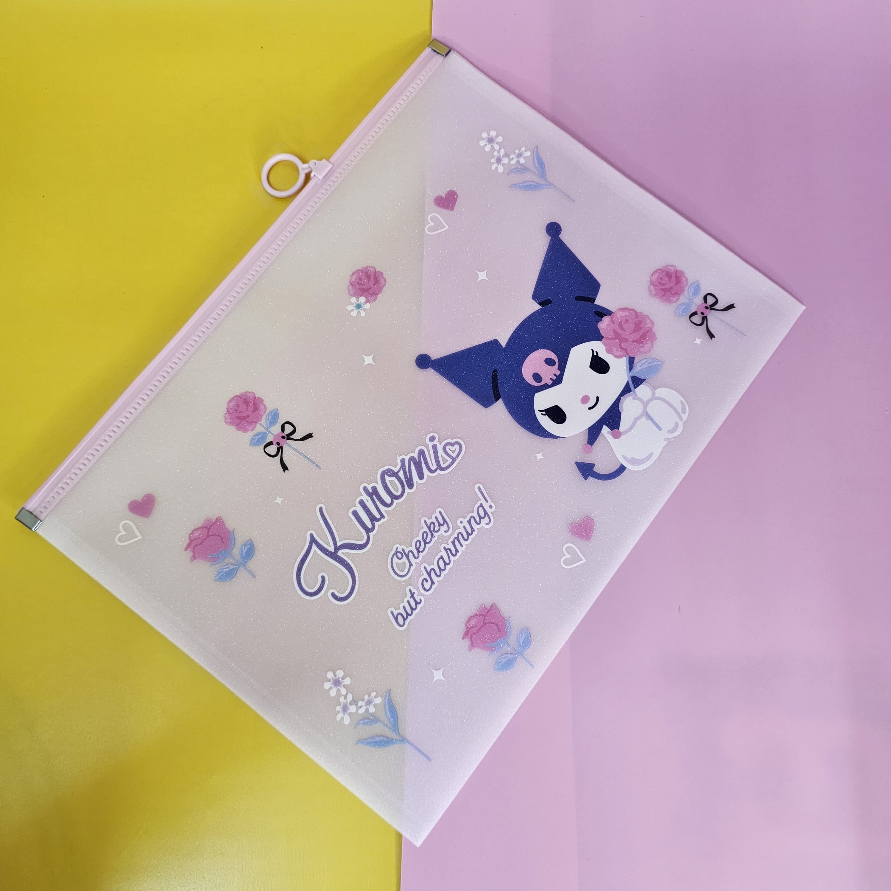 Kuromi Transparent Zipper Pouch – Cute Sanrio-themed stationery bag with floral design, perfect for kids' return gifts. Best kids' return gift online with free delivery across India