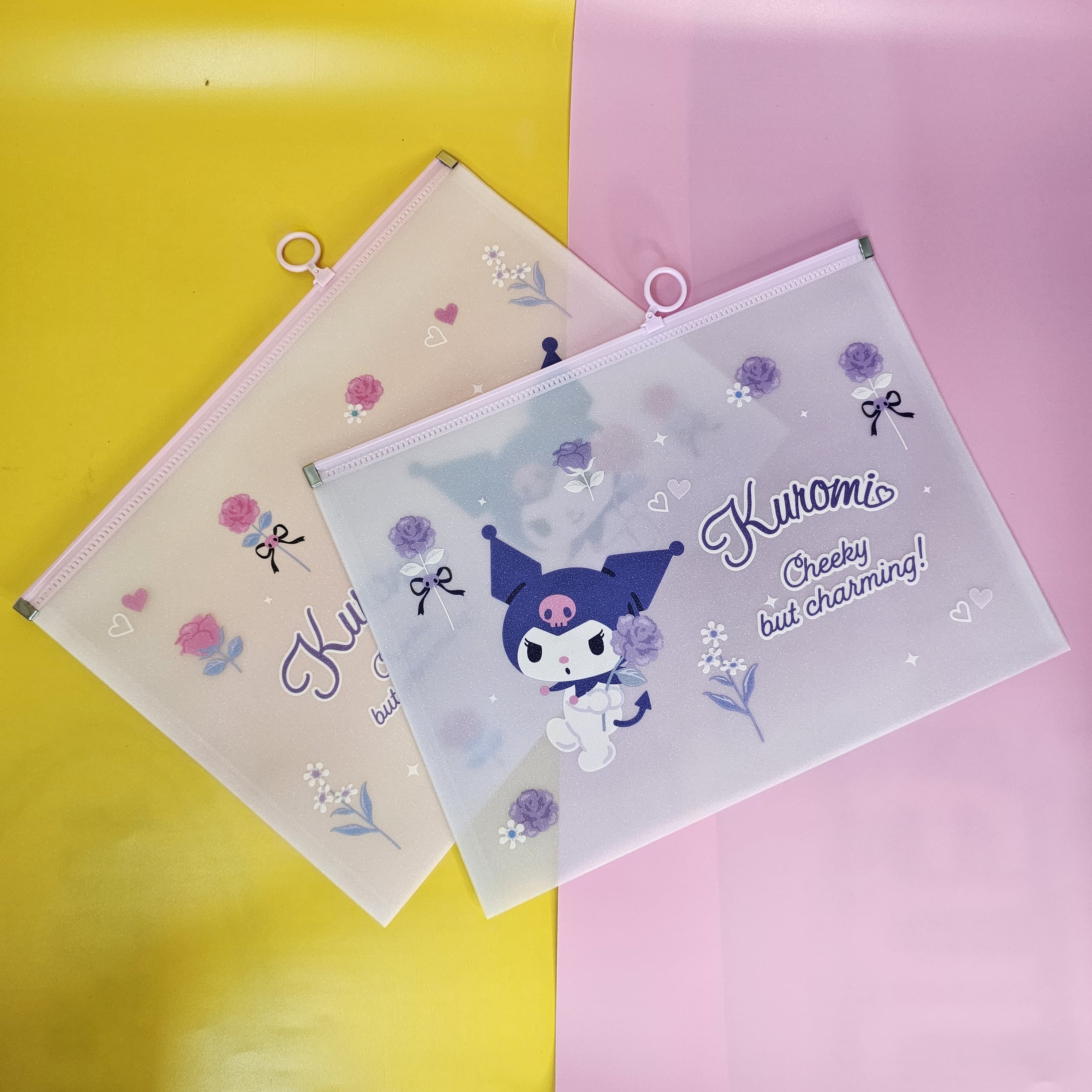 Kuromi Transparent Zipper Pouch – Cute Sanrio-themed stationery bag with floral design, perfect for kids' return gifts. Best kids' return gift online with free delivery across India