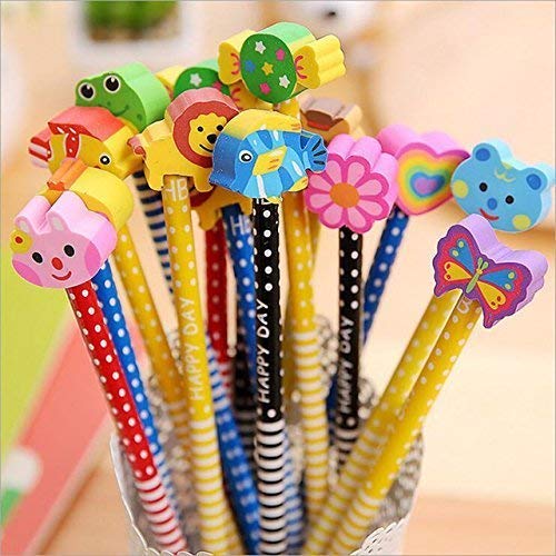 printed pencils for kids with assorted animal and character erasers including frog, lion, bird, rabbit, butterfly, and bear. Perfect stationery for school and creative play from usmile.toys. www.usmile.toys