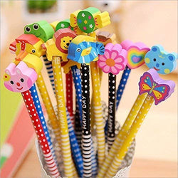 printed pencils for kids with assorted animal and character erasers including frog, lion, bird, rabbit, butterfly, and bear. Perfect stationery for school and creative play from usmile.toys. www.usmile.toys