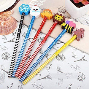 Pack of 24 cartoon printed pencils for kids with assorted animal and character erasers including frog, lion, bird, rabbit, butterfly, and bear. Perfect stationery for school and creative play from usmile.toys. www.usmile.toys