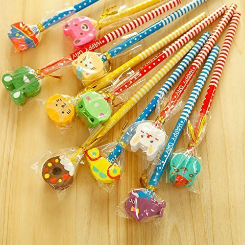  cartoon printed pencils for kids with assorted animal and character erasers including frog, lion, bird, rabbit, butterfly, and bear. Perfect stationery for school and creative play from usmile.toys. www.usmile.toys