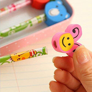  cartoon printed pencils for kids with assorted animal and character erasers including frog, lion, bird, rabbit, butterfly, and bear. Perfect stationery for school and creative play from usmile.toys. www.usmile.toys