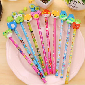 cartoon printed pencils for kids with assorted animal and character erasers including frog, lion, bird, rabbit, butterfly, and bear. Perfect stationery for school and creative play from usmile.toys. www.usmile.toys