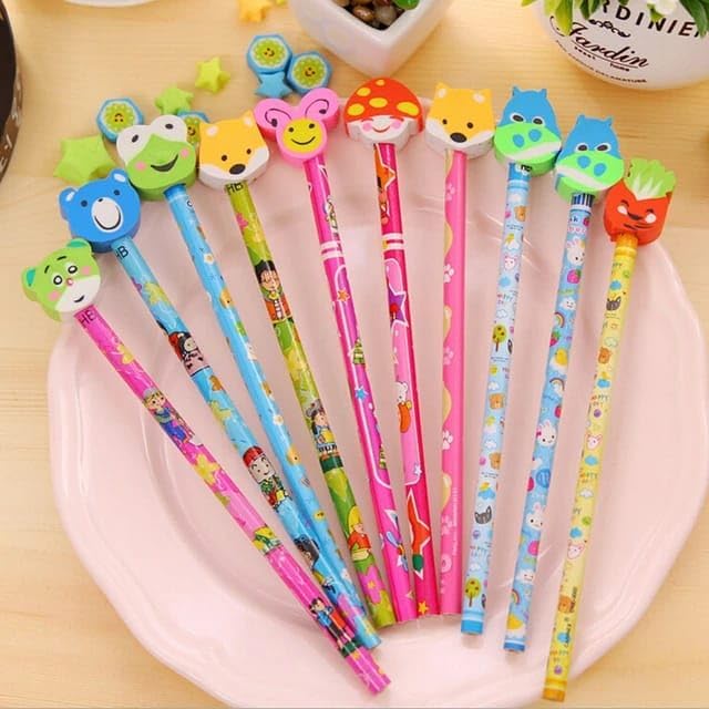 cartoon printed pencils for kids with assorted animal and character erasers including frog, lion, bird, rabbit, butterfly, and bear. Perfect stationery for school and creative play from usmile.toys. www.usmile.toys