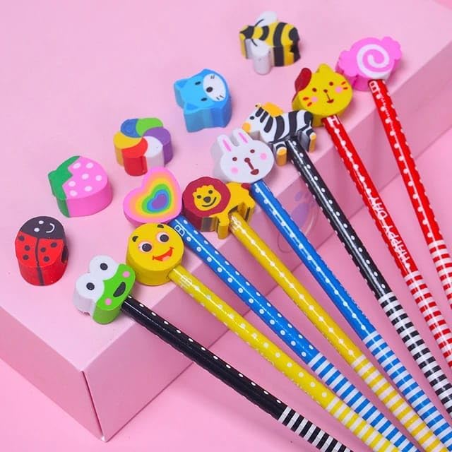 cartoon printed pencils for kids with assorted animal and character erasers including frog, lion, bird, rabbit, butterfly, and bear. Perfect stationery for school and creative play from usmile.toys. www.usmile.toys