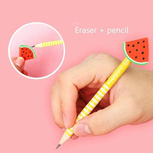 artoon printed pencils for kids with assorted animal and character erasers including frog, lion, bird, rabbit, butterfly, and bear. Perfect stationery for school and creative play from usmile.toys. www.usmile.toys