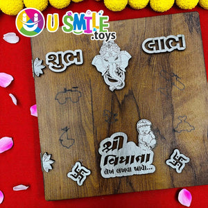 Wooden writing board featuring Ganesh andGujarati text, perfect for traditional celebrations.