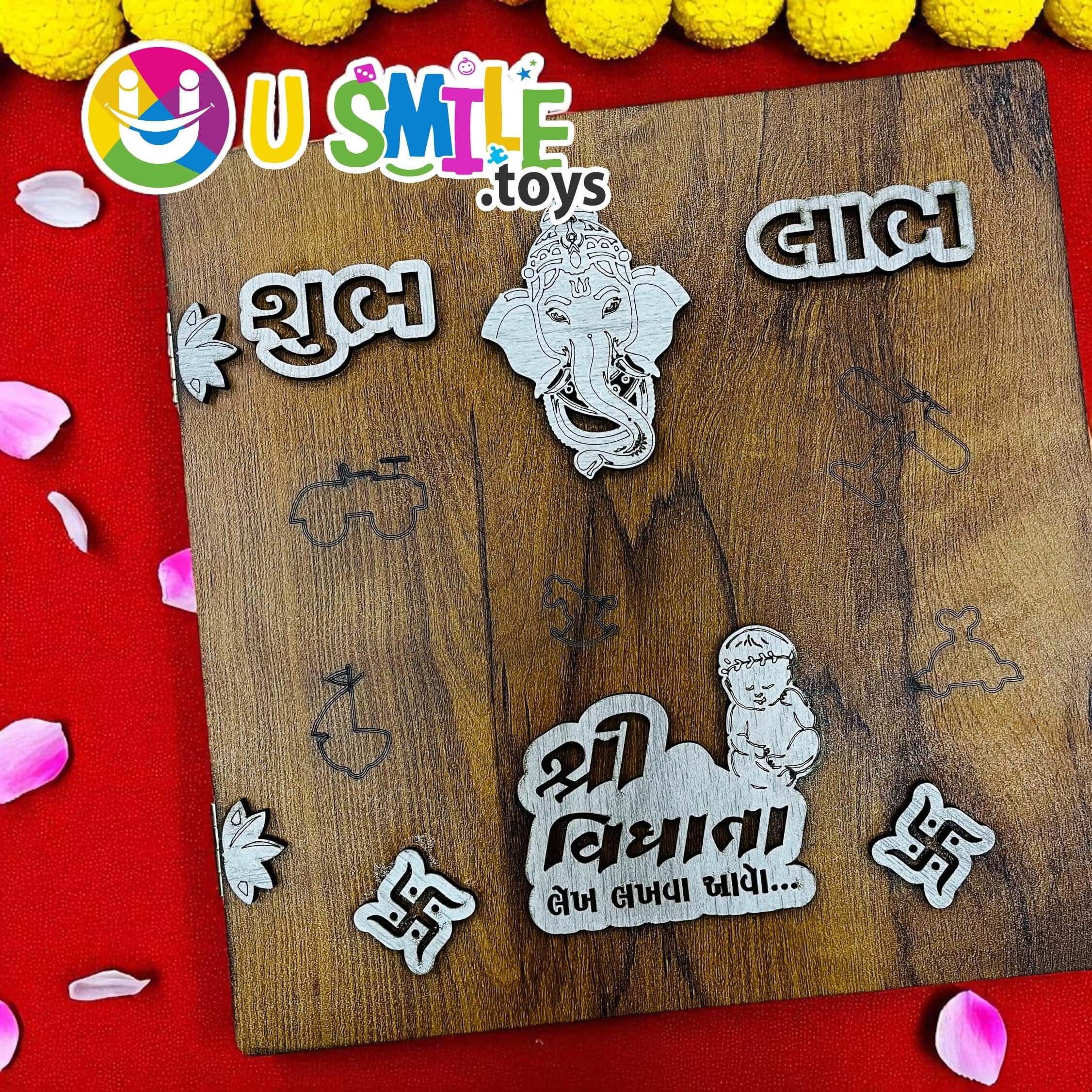 Wooden writing board featuring Ganesh andGujarati text, perfect for traditional celebrations.