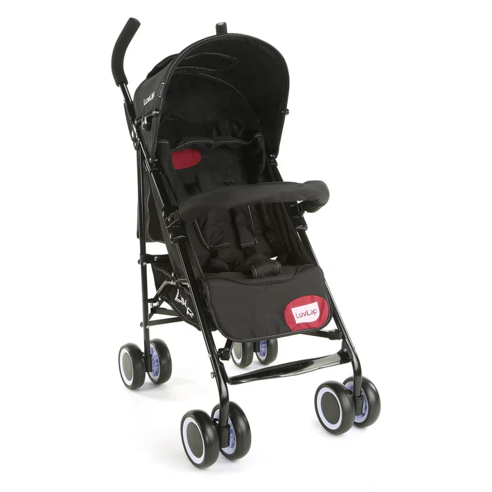 Compact and lightweight black Luvlap City Buggy Baby Stroller with red accents, a five-point harness, and dual wheels, designed for easy urban travel and portability. From uSmile.toys." www.usmile. toys
