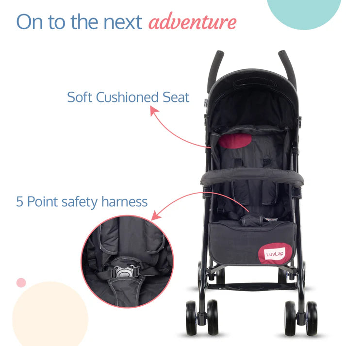 Compact and lightweight black Luvlap City Buggy Baby Stroller with red accents, a five-point harness, and dual wheels, designed for easy urban travel and portability. From uSmile.toys." www.usmile. toys