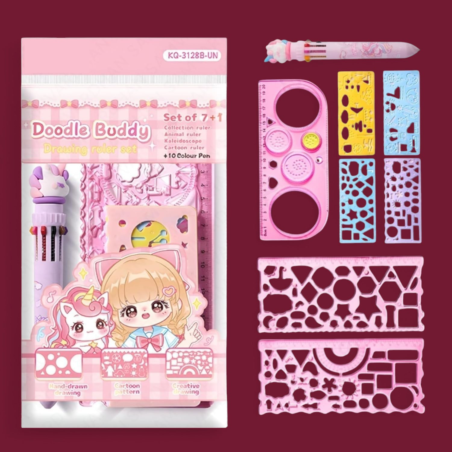 Doodle Ruler Stationary Set (8pcs): Includes drawing stencils, rulers, and a 10-color pen for creative art.
