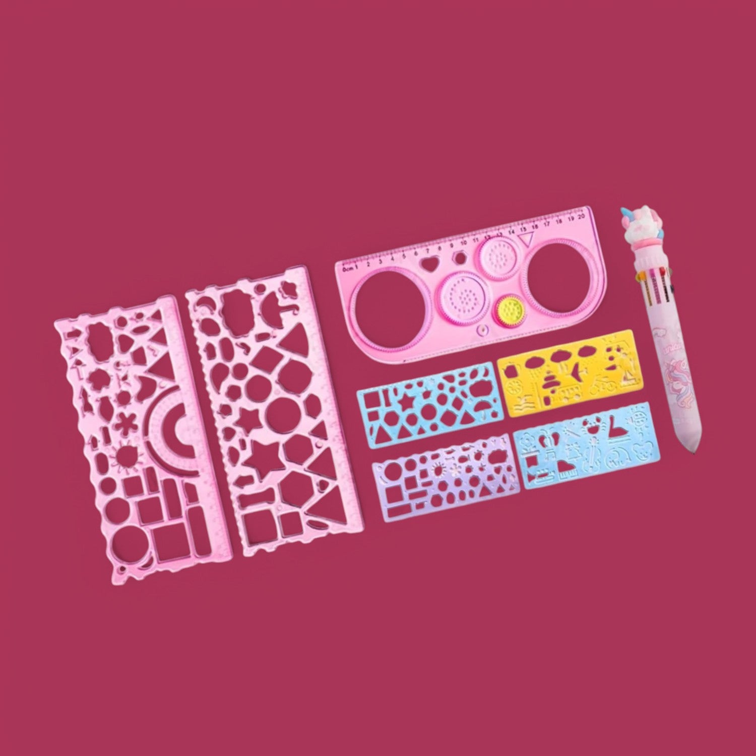 Doodle Ruler Stationary Set (8pcs): Includes drawing stencils, rulers, and a 10-color pen for creative art.
www.usmile.toys