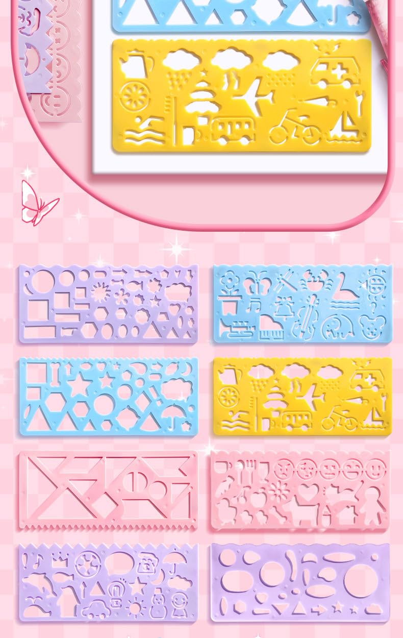 Doodle Ruler Stationary Set (8pcs): Includes drawing stencils, rulers, and a 10-color pen for creative art.
www.usmile.toys