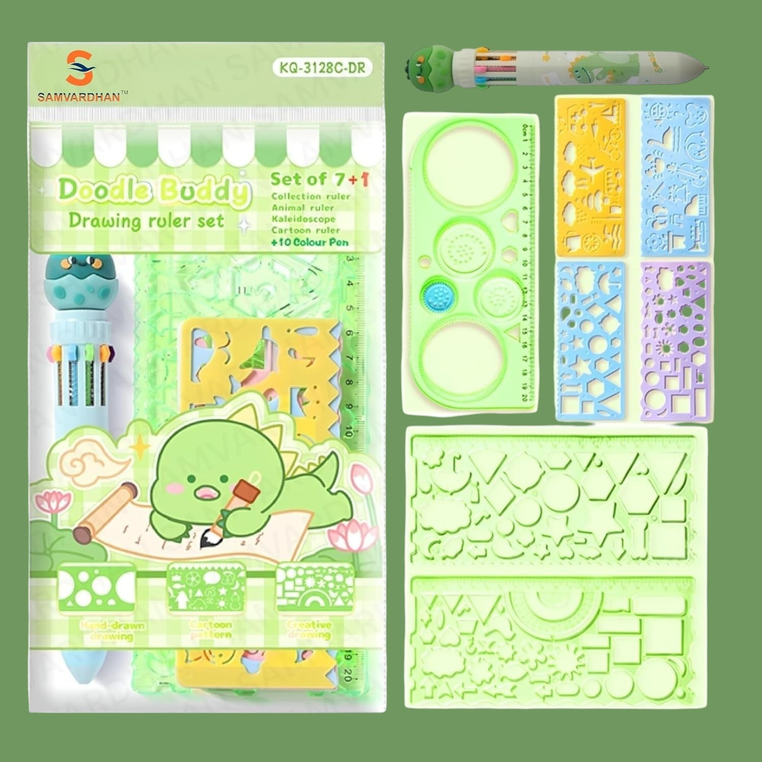 Doodle Ruler Stationary Set (8pcs): Includes drawing stencils, rulers, and a 10-color pen for creative art.
www.usmile.toys