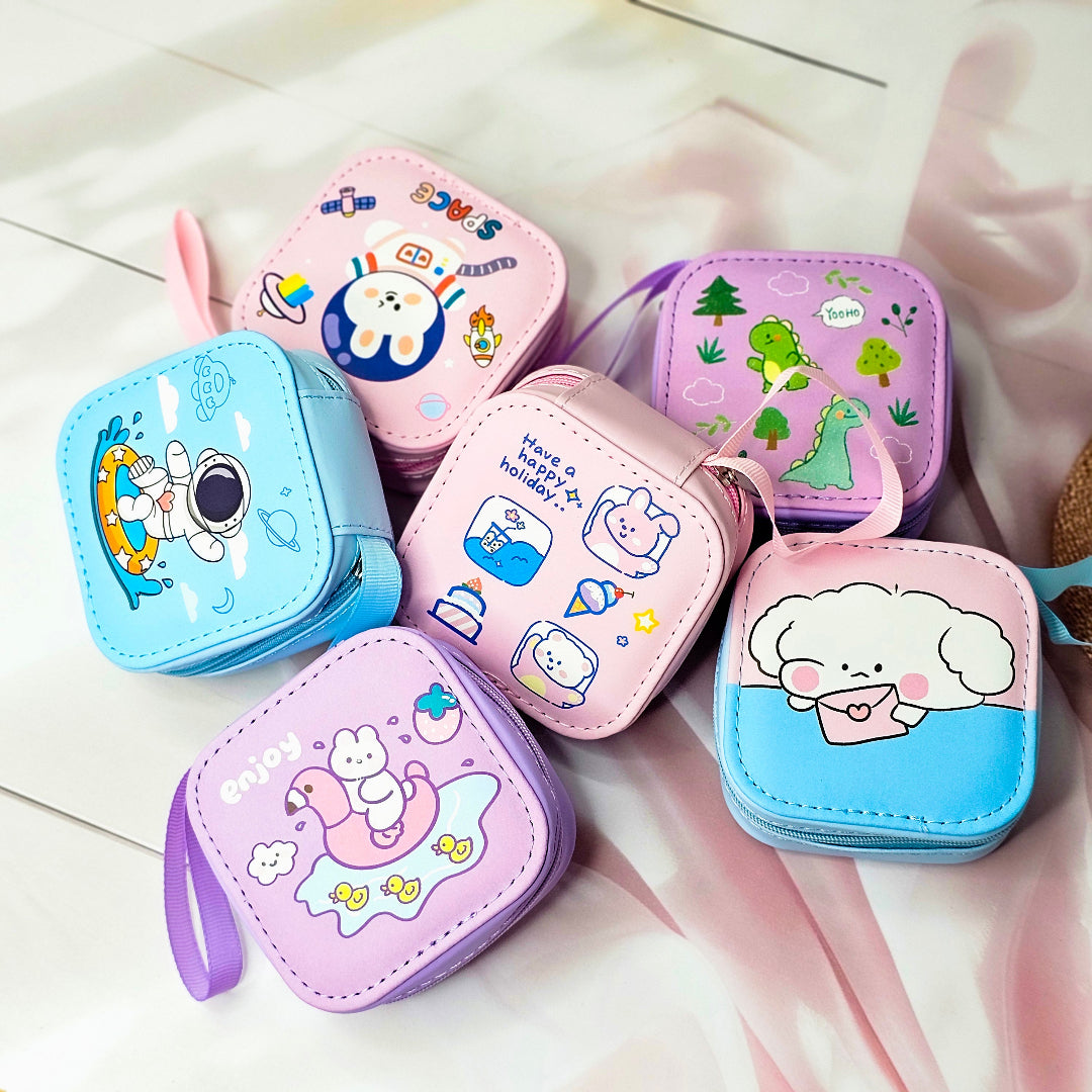 Six colorful cute cartoon square mini zipper pouches with astronaut, bunny, dinosaur, dog, and cloud designs, ideal for coins, earphones, and accessories