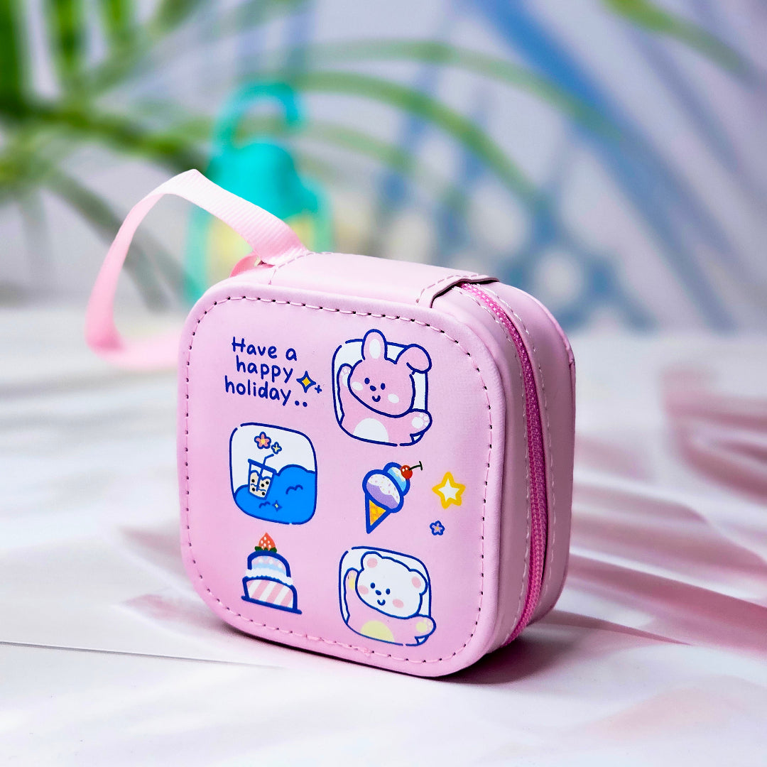 Six colorful cute cartoon square mini zipper pouches with astronaut, bunny, dinosaur, dog, and cloud designs, ideal for coins, earphones, and accessories