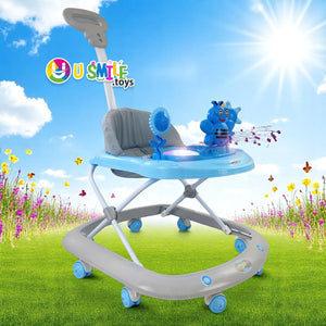 Dash Butterfly Walker from Usmile Toys in green, yellow, and grey, featuring a musical toy tray and adjustable height for babies www.usmile.toys