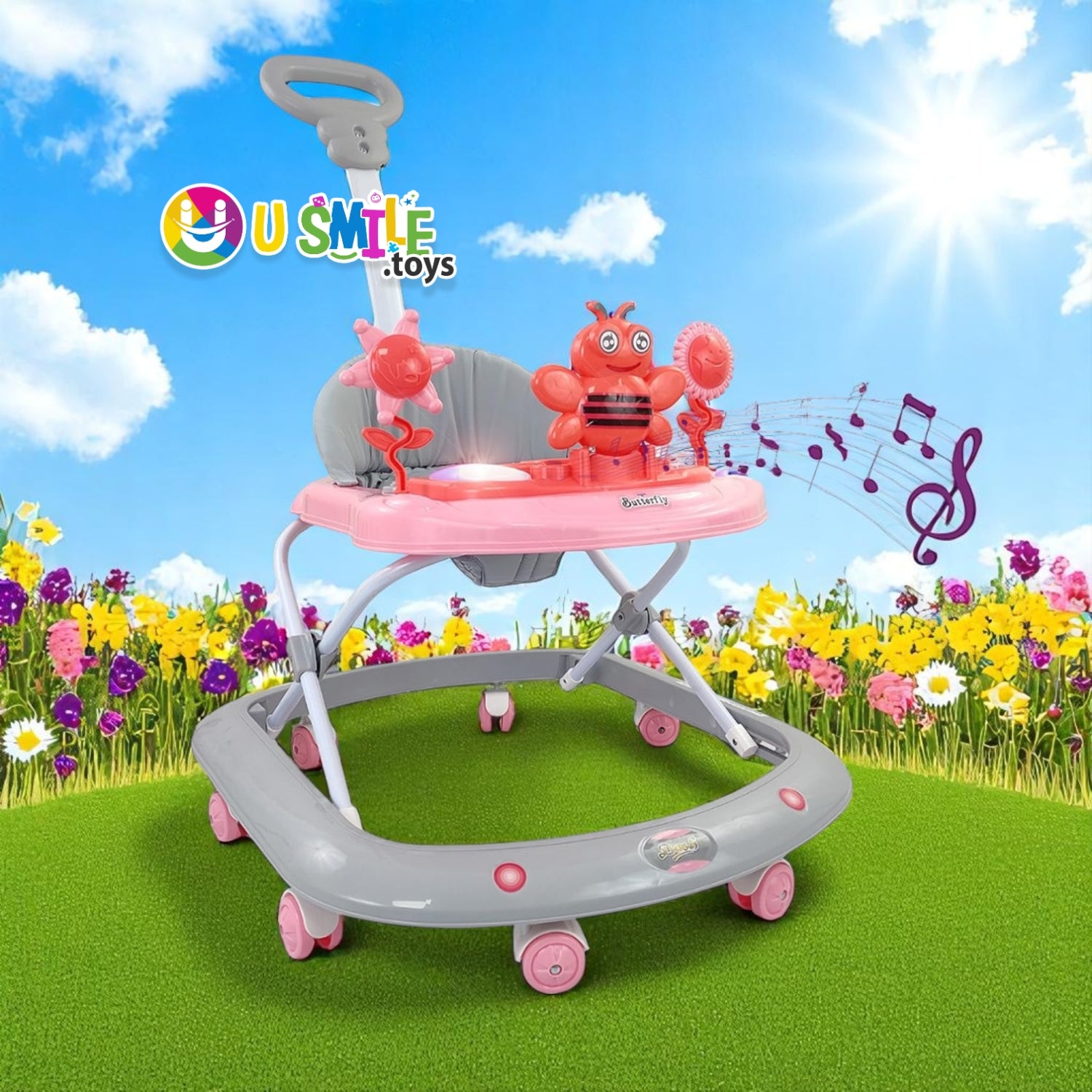 Usmile® baby walker with a cute green caterpillar toy and musical notes design, perfect for infants learning to walk www.usmile.toys