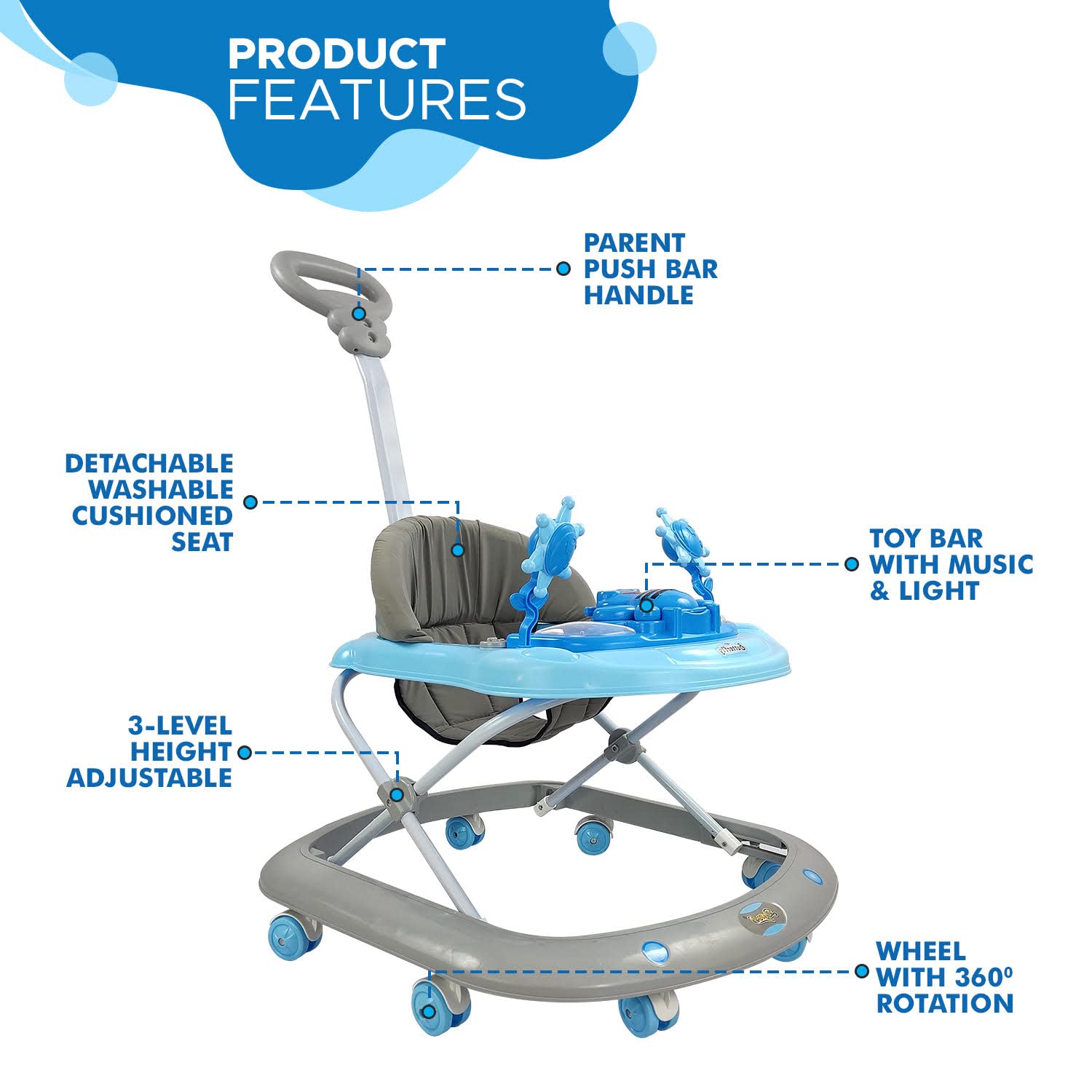 Usmile® baby walker with a cute green caterpillar toy and musical notes design, perfect for infants learning to walk www.usmile.toys