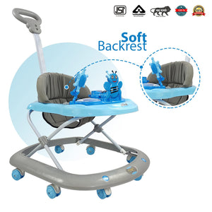 Sturdy and colorful baby walker in a natural outdoor setting, equipped with engaging butterfly-themed toys and Usmile branding
 www.usmile.toys