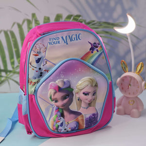 Pink backpack with Disney princess design on a light blue surface with a blurred background