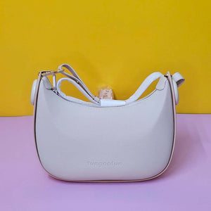 Light gray handbag with 'fengshuifun' branding on a pink and yellow background