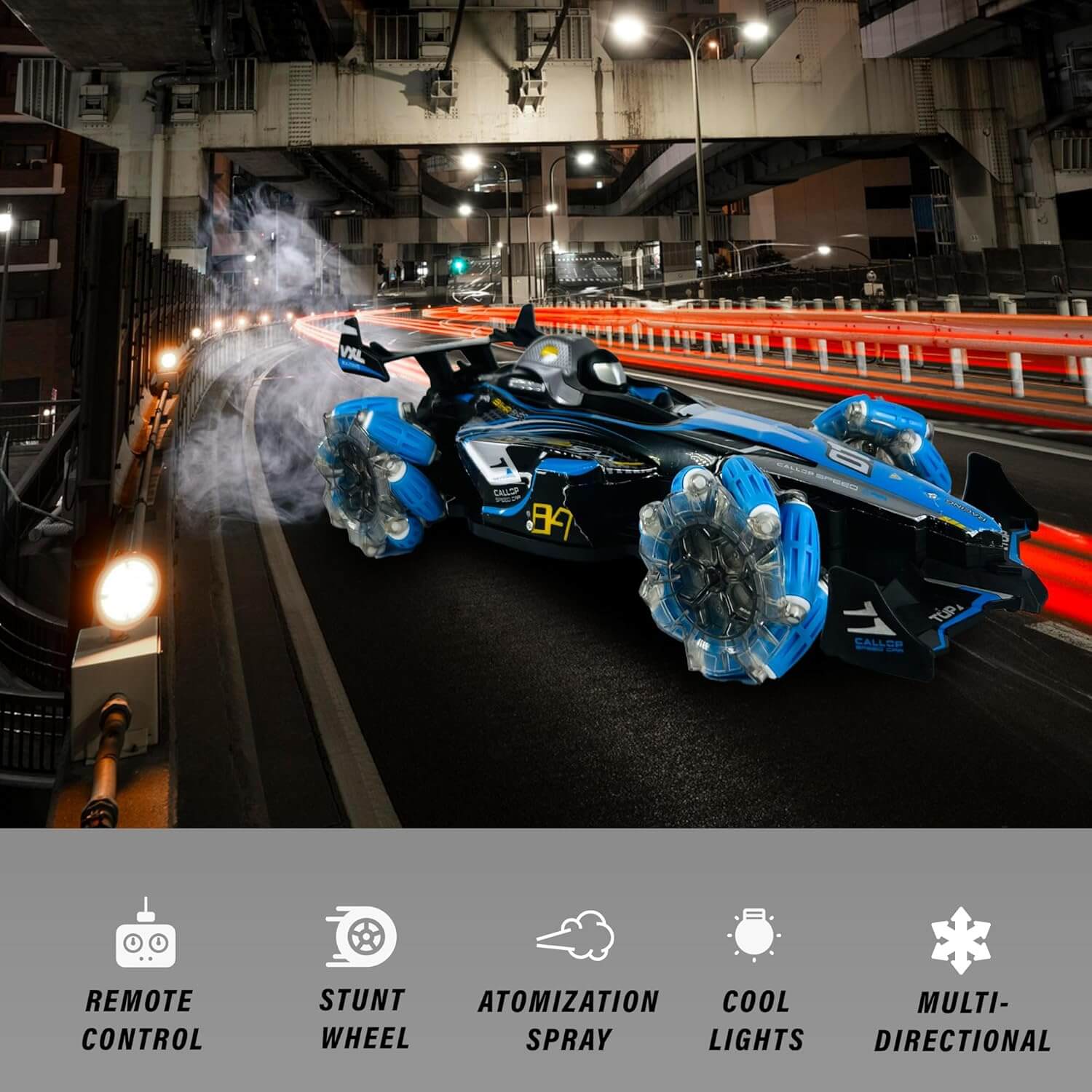 Gesture control racing car, blue and black 4WD high-speed RC drift car with omnidirectional wheels, hand sensor wrist remote, and traditional controller for kids and adults. www.usmile.toys