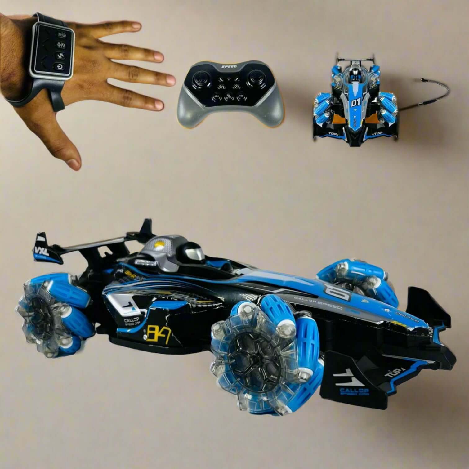 Gesture control racing car, blue and black 4WD high-speed RC drift car with omnidirectional wheels, hand sensor wrist remote, and traditional controller for kids and adults. www.usmile.toys