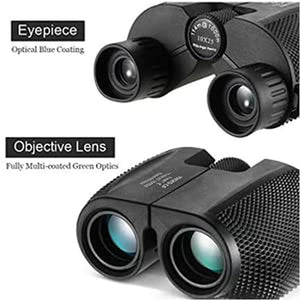 Black binoculars with labeled eyepiece and objective lens on a white background