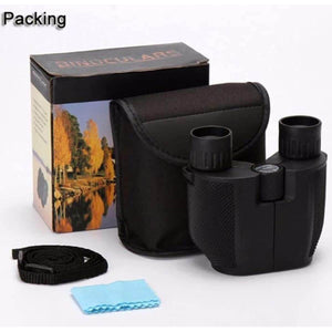 Black binoculars with carrying case, strap, and cleaning cloth on a white background